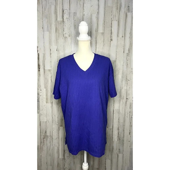 The Limited Women's Medium Blue V-Neck Ribbed Short Sleeve Blouse - Picture 2 of 6